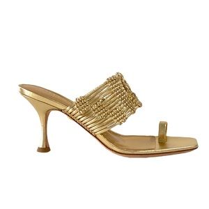 VERONICA BEARD Woven Crochet Leather Heeled Sandals, Gold, Size 6